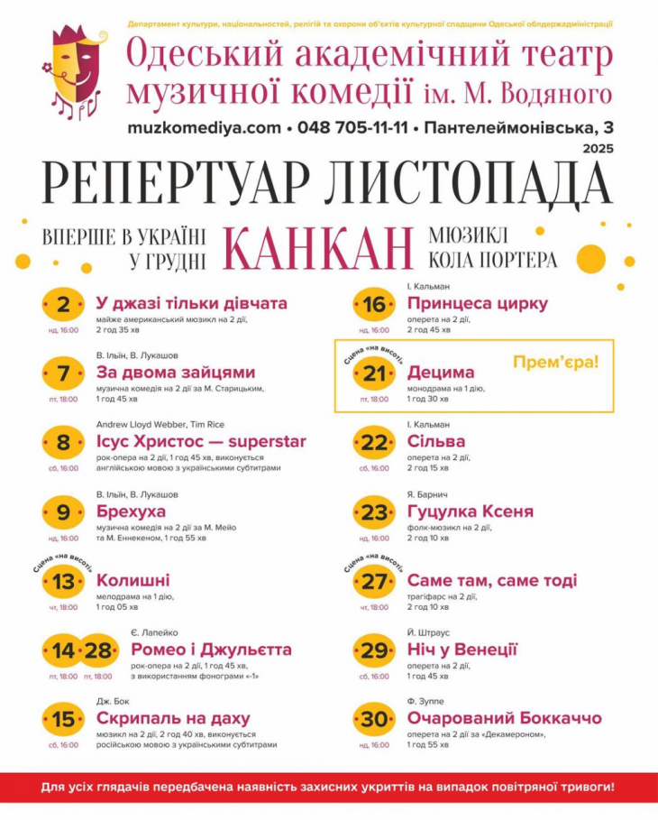 Репертуар листопада театру Музкомедії