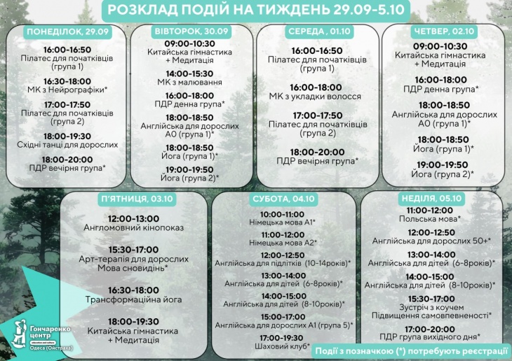 Розклад заходів на тиждень у Гончаренко центрі