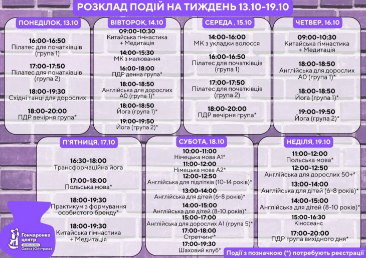 Розклад заходів на тиждень у Гончаренко центрі Розклад заходів на тиждень у Гончаренко центрі