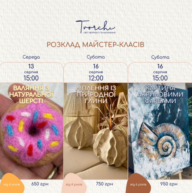 Расписание мастер-классов в Арт пространстве "Tvorchi"