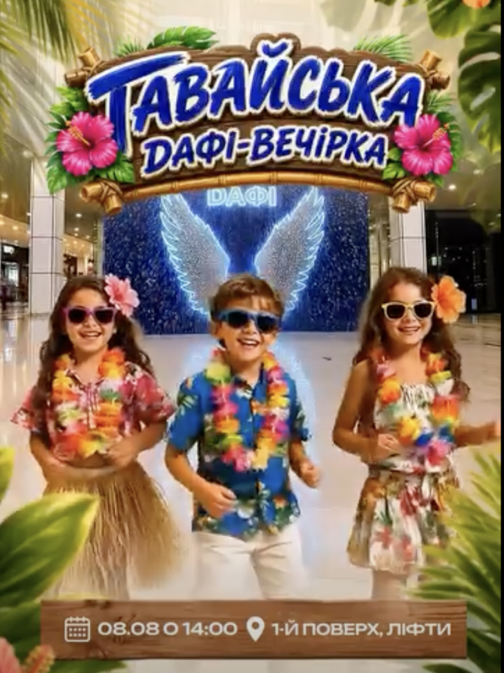 Гавайська вечірка для дітей у ТРЦ «Дафі»! Гавайська вечірка для дітей у ТРЦ «Дафі»!