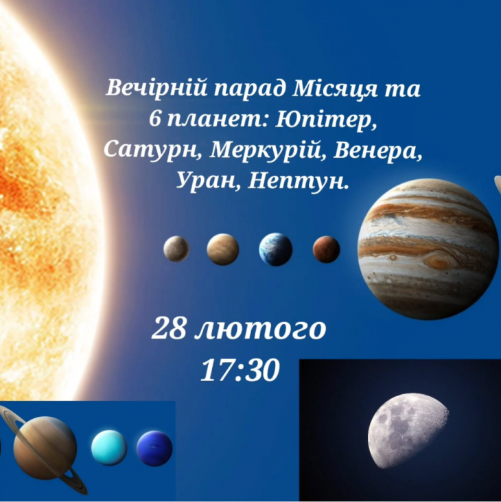 Вечірній парад Місяця та 6 планет Вечірній парад Місяця та 6 планет